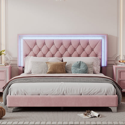 Upholstered Velvet Bed Frame with LED Lights, Pink