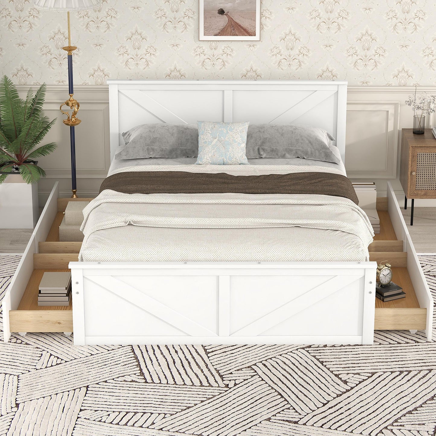country wooden platform bed with four storage drawers