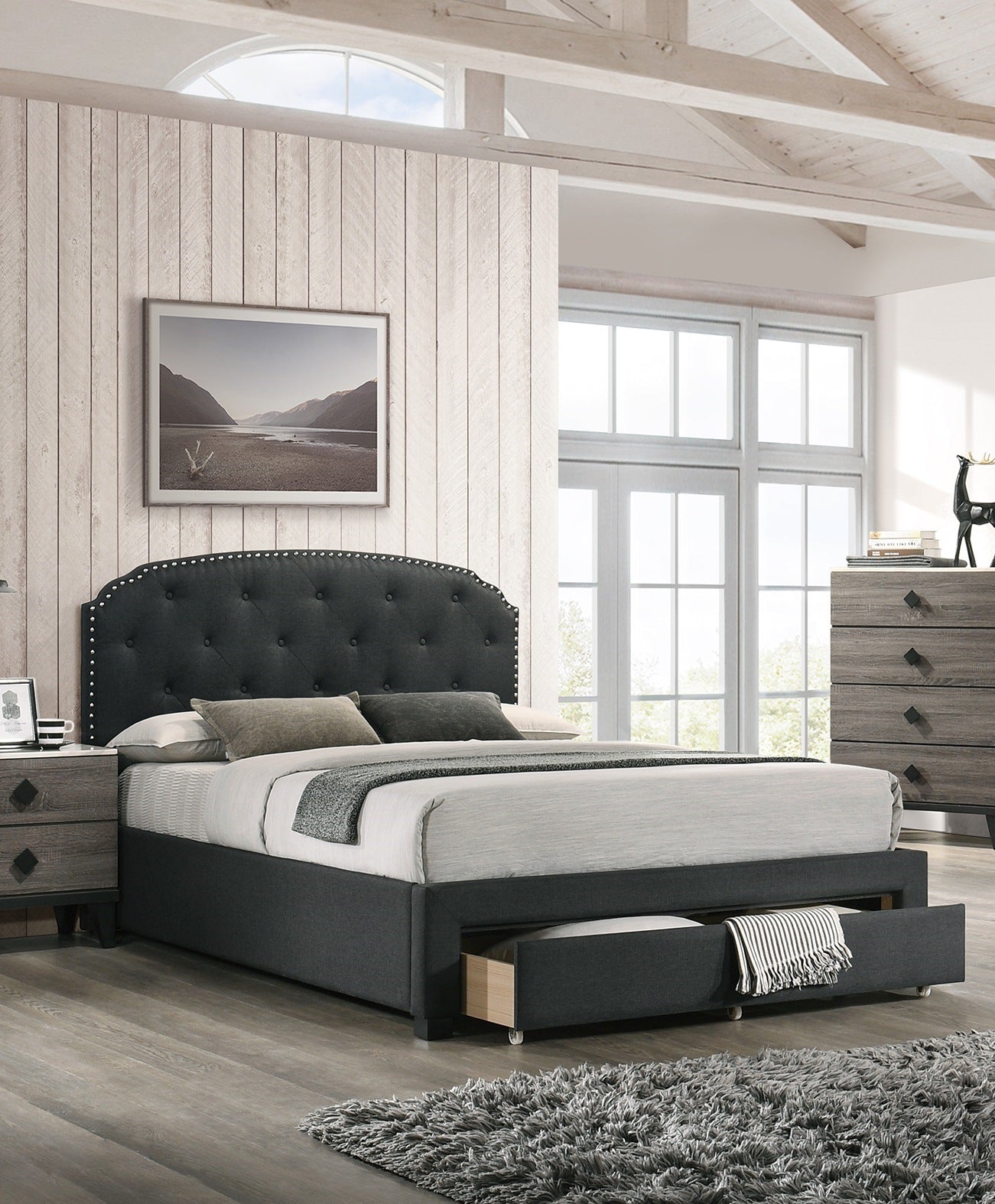 burlap bed with drawer button tufted headboard +storage, charcoal