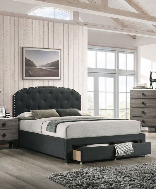 Burlap Bed with Drawer Button Tufted Headboard +Storage, Charcoal
