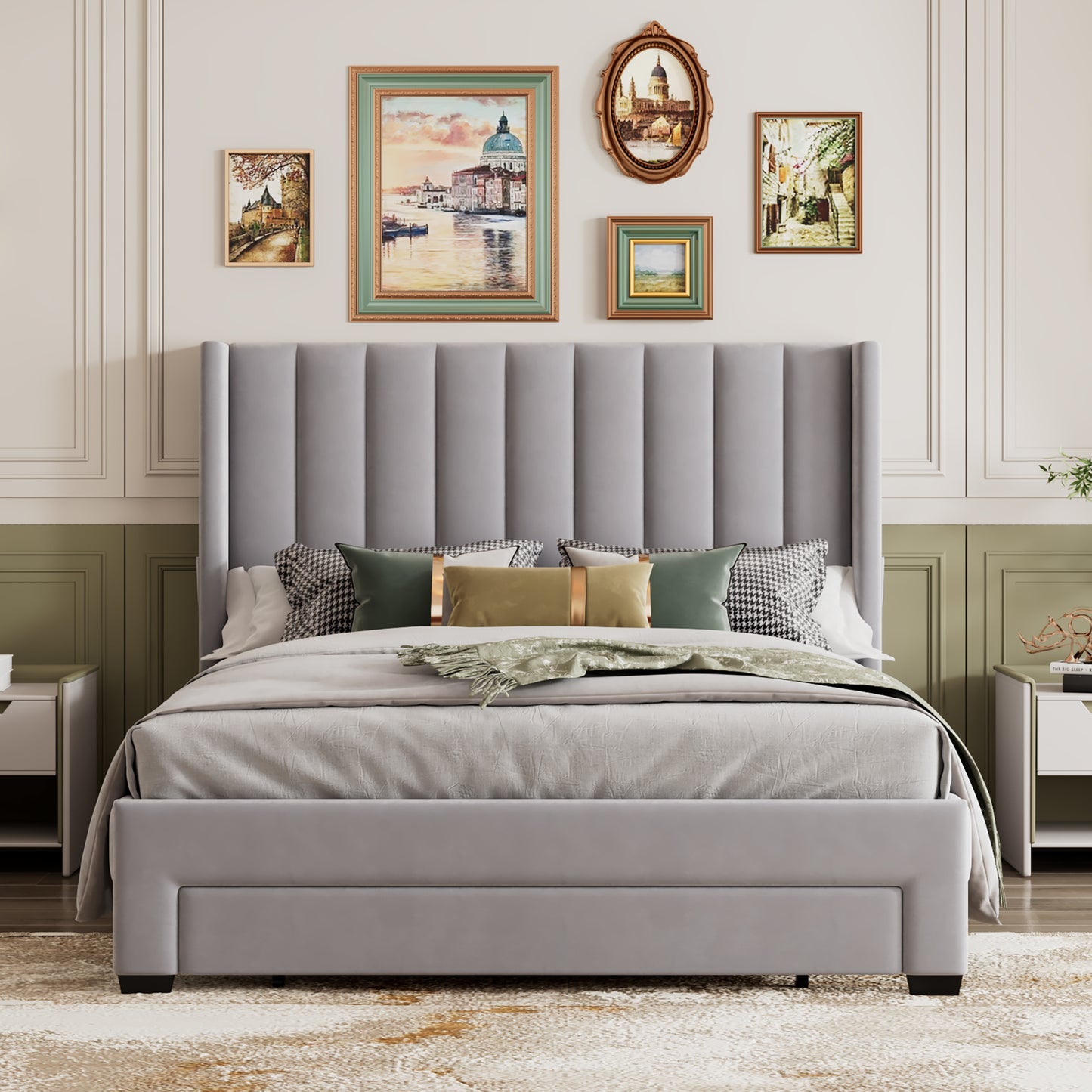 velvet upholstered platform bed with a big drawer