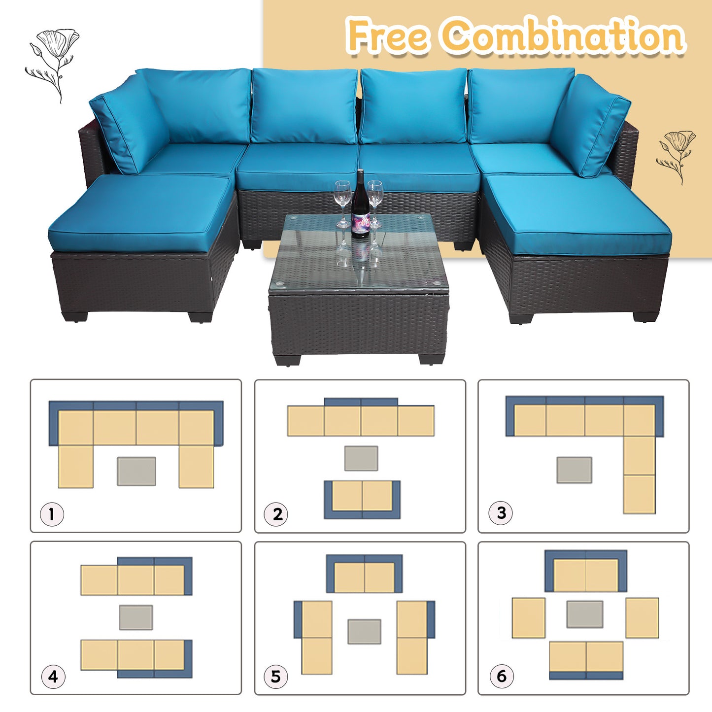 7-piece pe rattan wicker cushioned sofa sets and coffee table
