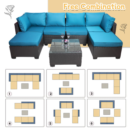 7-Piece PE Rattan Wicker Cushioned Sofa Sets and Coffee Table