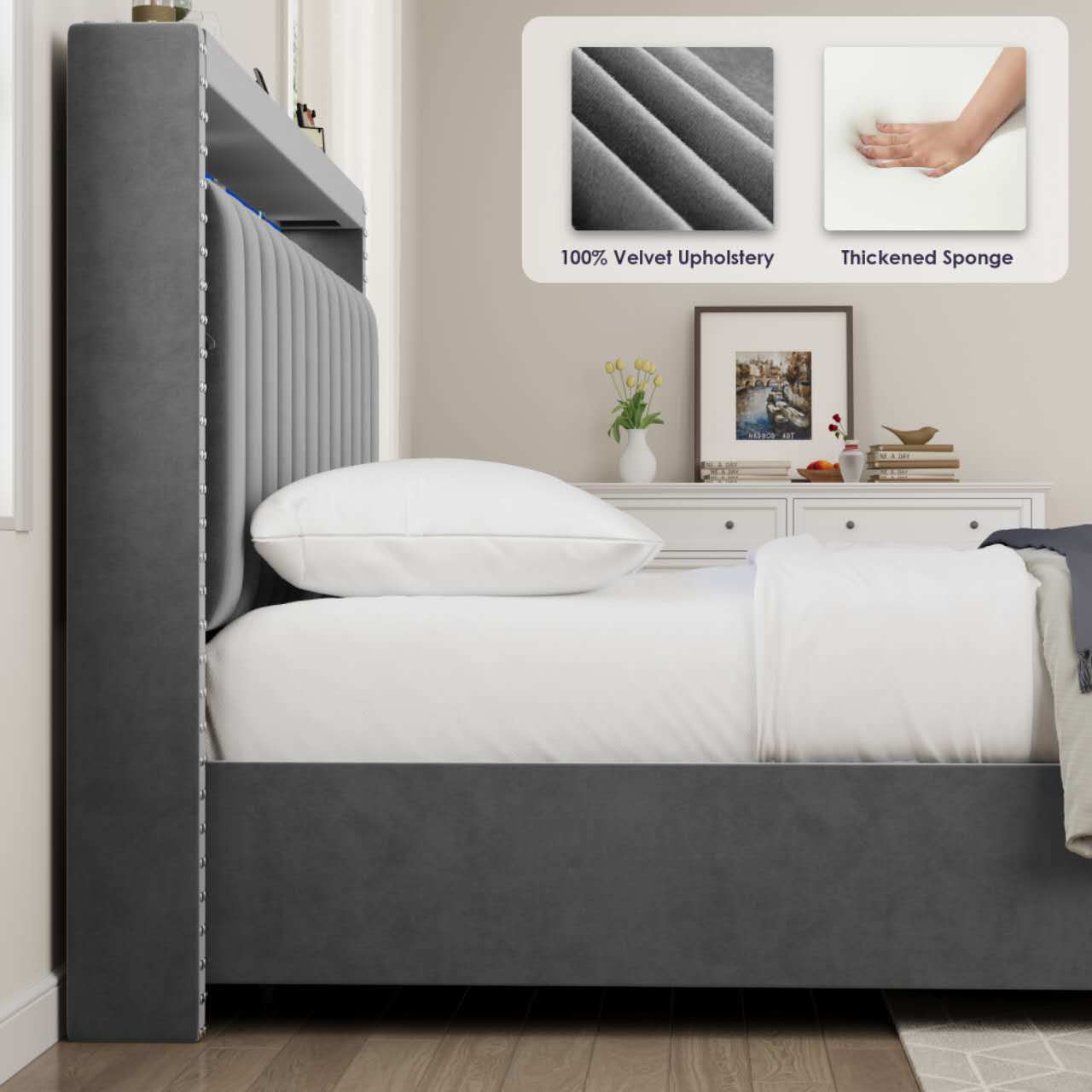 luxury gas lift storage bed with rf led lights & storage headboard ,grey
