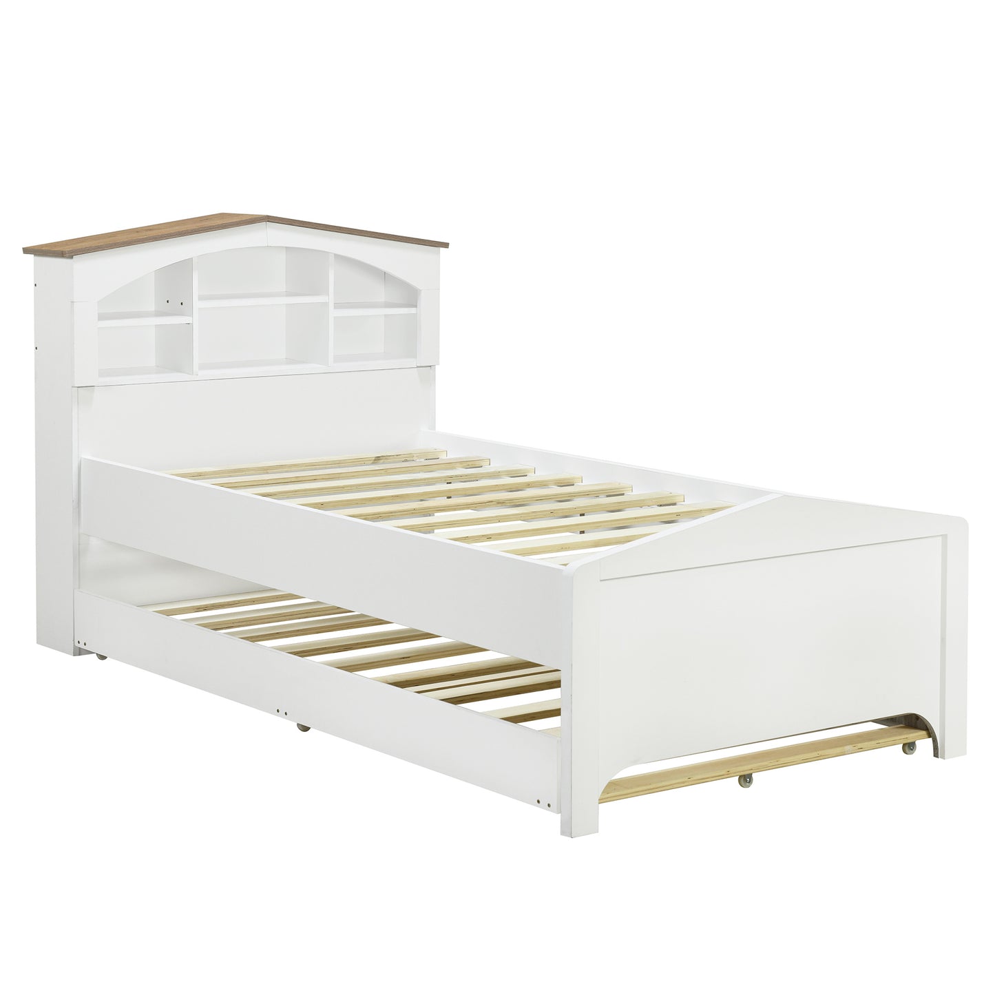 house-shaped bed with storage headboard and trundle, white
