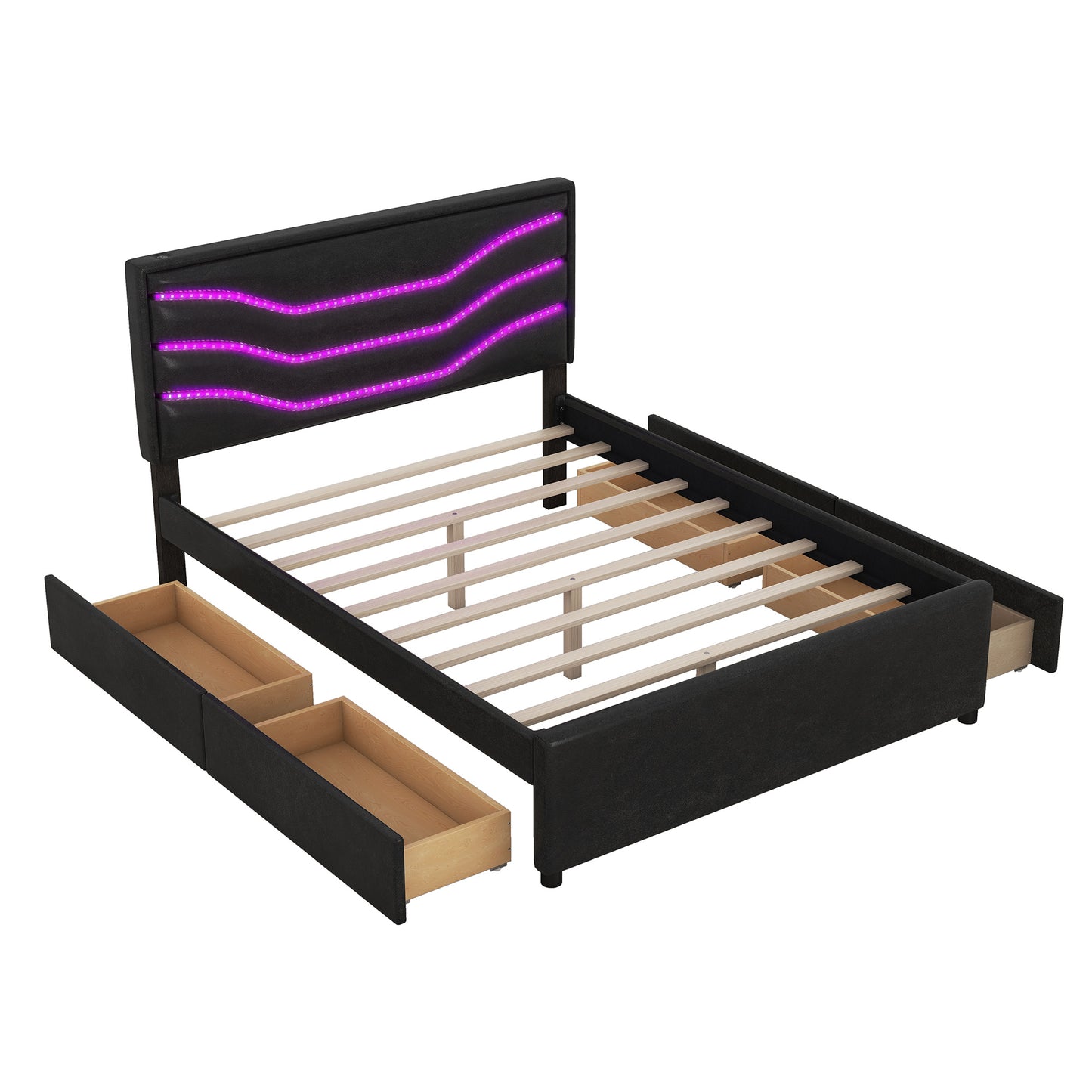 retro upholstered storage platform bed with led, 4 drawers and usb charging, black