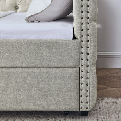 Upholstered Full Size Bed with Two Drawers, Beige