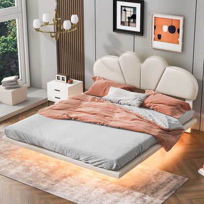 Upholstery LED Floating Bed with PU Leather Headboard