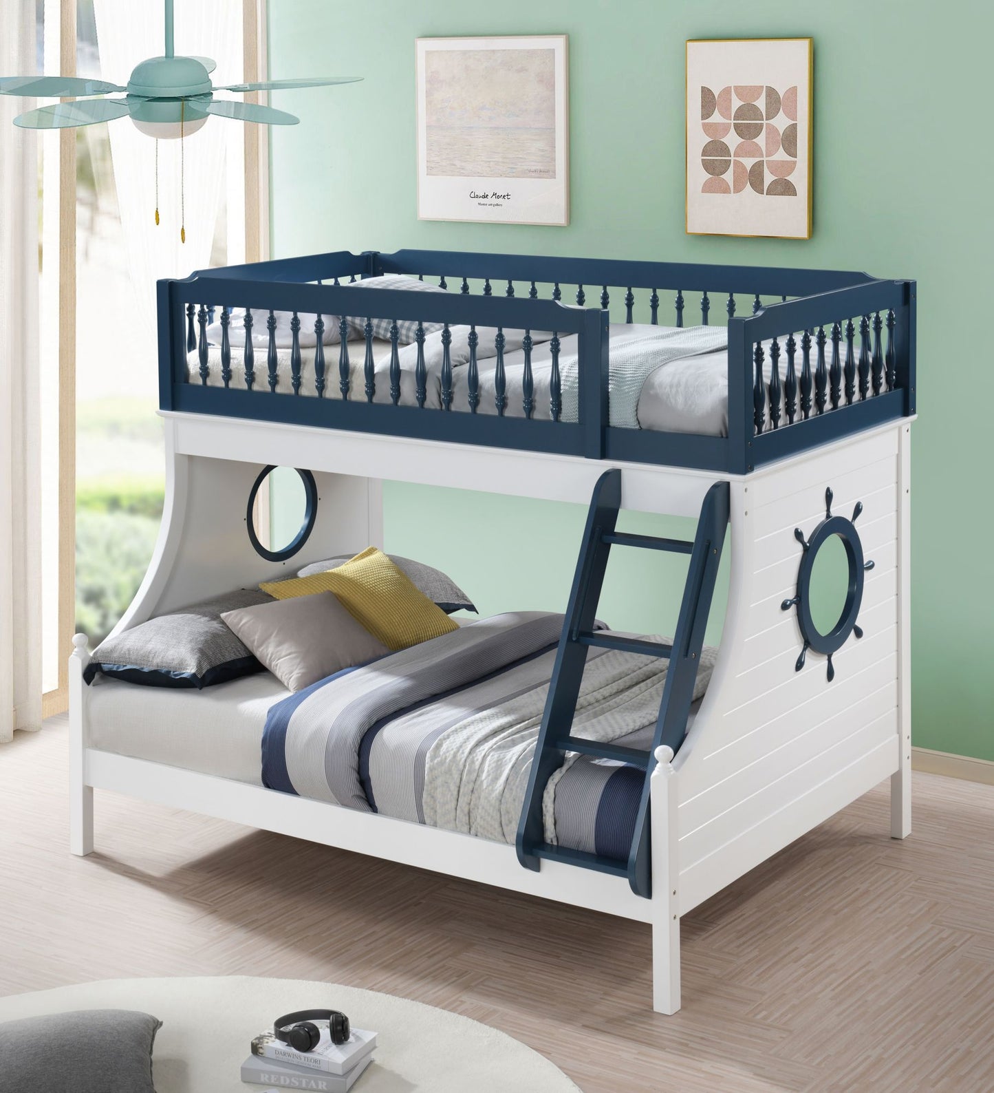 acme farah twin/full bunk bed, navy blue & white finish