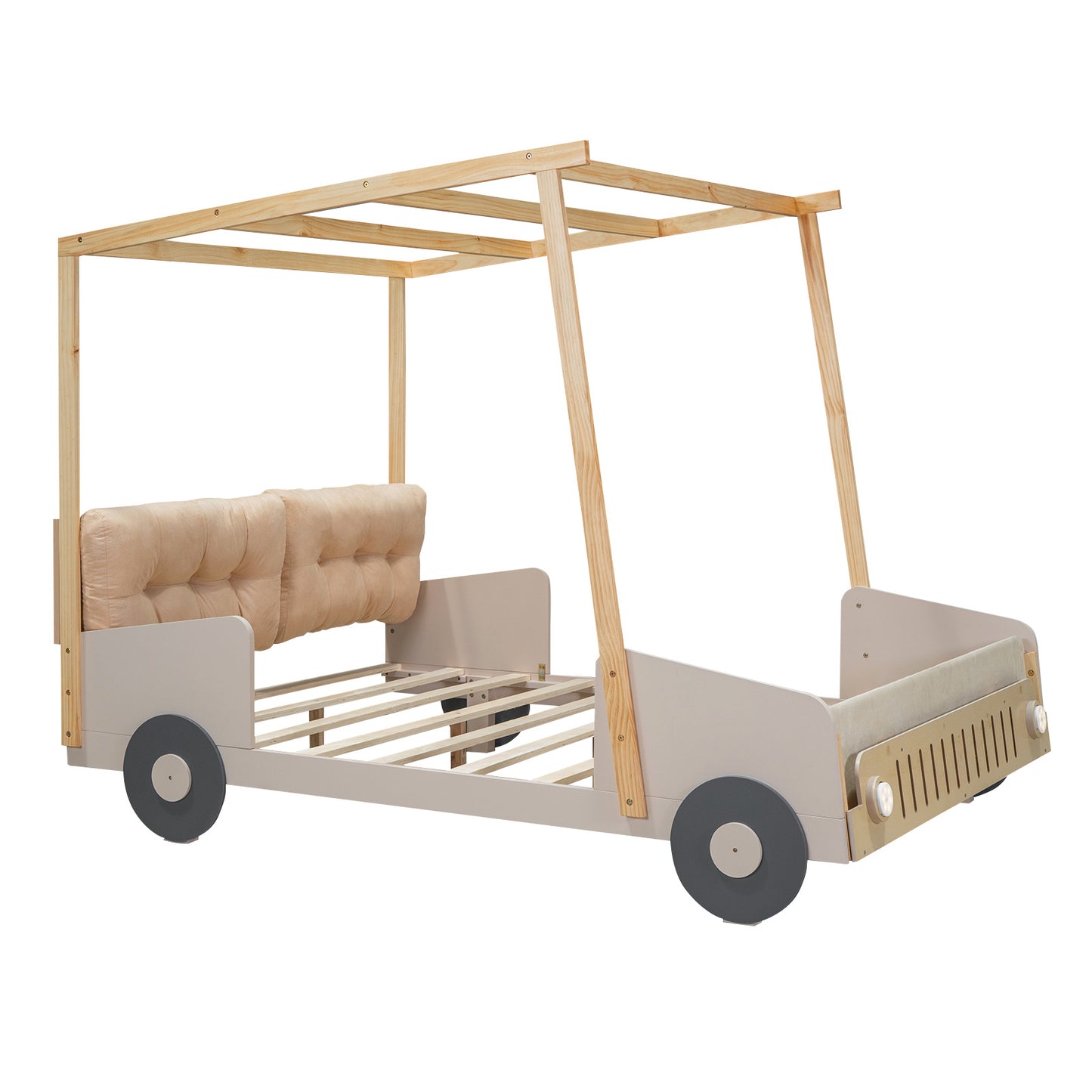 wooded car bed with pillow, ceiling cloth and led lights