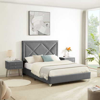 B109 Queen bed with two nightstands, + metal legs with Electroplate
