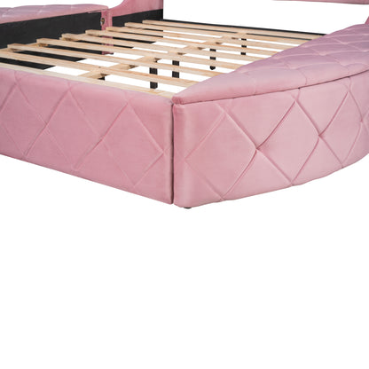 Upholstered Velvet Platform Bed with Wingback Headboard and 1 Big Drawer; 2 Side Storage Stool