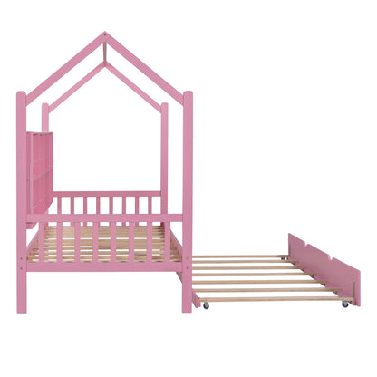 Wooden House Bed with Trundle, Pink