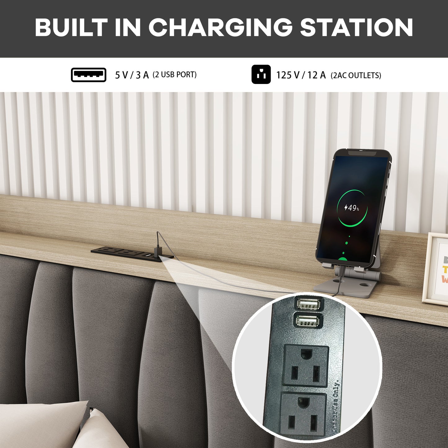 queen size bed frame with storage headboard and charging station,dark gray