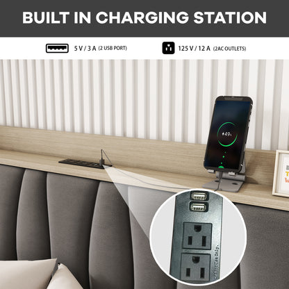 Queen Size Bed Frame with Storage Headboard and Charging Station,Dark Gray