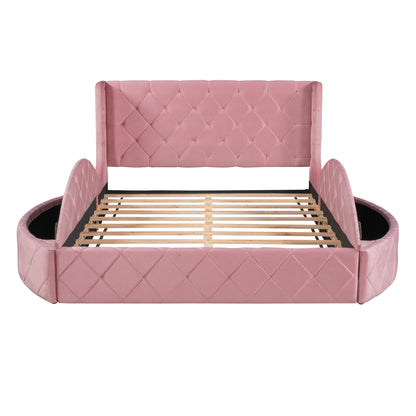 Upholstered Velvet Platform Bed with Wingback Headboard and 1 Big Drawer; 2 Side Storage Stool
