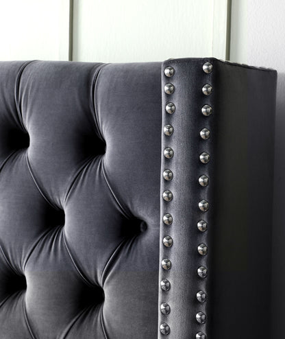 Velvet Upholstered Bed with Deep Button Tufting, Grey
