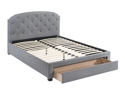 Burlap Bed with Drawer Button Tufted Headboard +Storage, Grey
