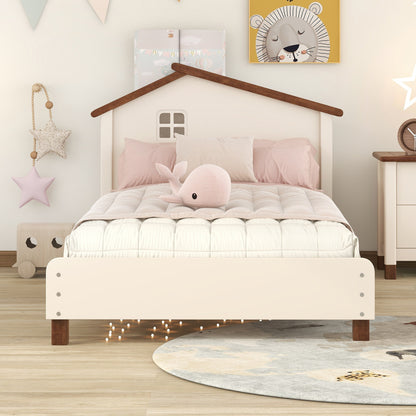 Wood Platform Bed with House-shaped Headboard (Cream+Walnut)