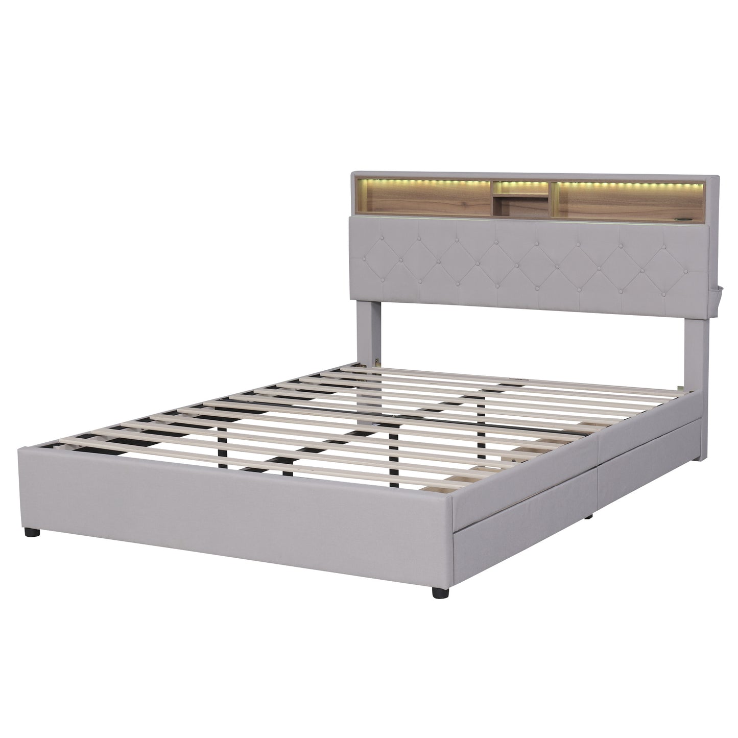 upholstered platform bed with storage headboard, led, usb charging and 2 drawers