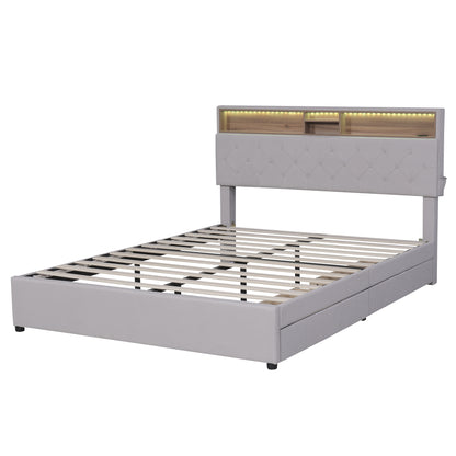 Upholstered Platform Bed with Storage Headboard, LED, USB Charging and 2 Drawers