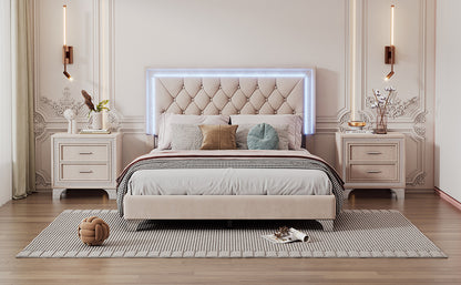 Upholstered Bed Frame with LED Lights, Beige