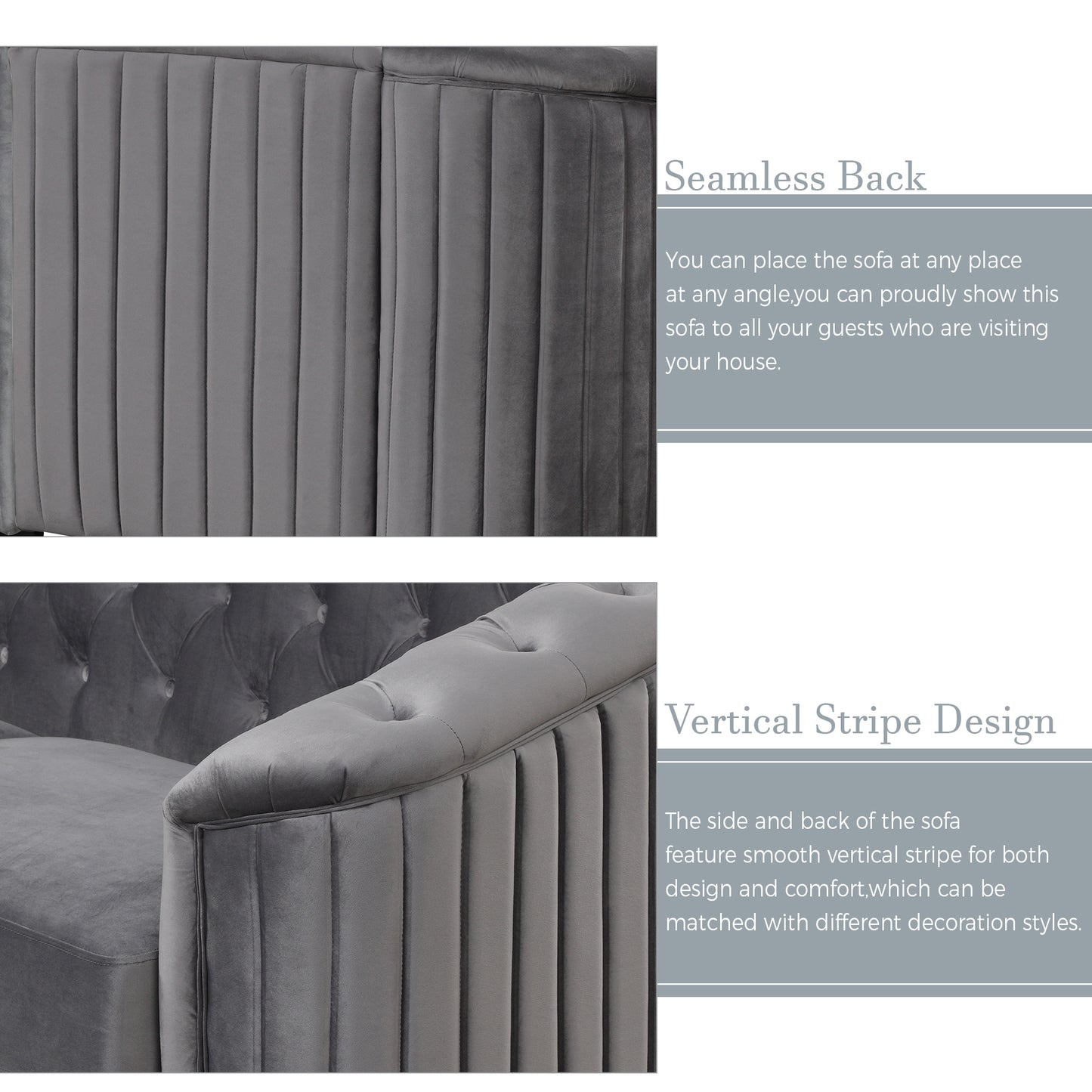 velvet upholstered sofa, grey