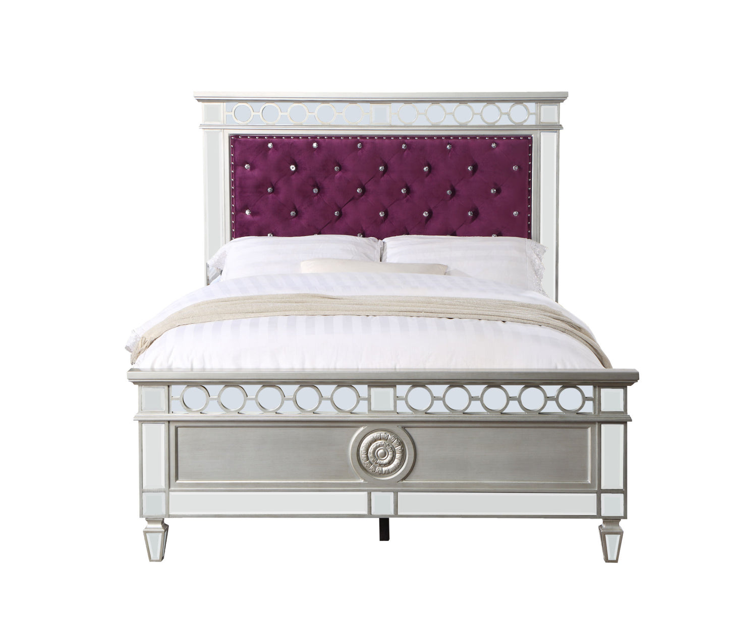 acme varian burgundy velvet, silver & mirrored bed