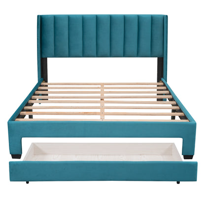 Velvet Upholstered Platform Bed with a Big Drawer