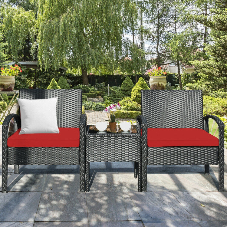 3 pieces outdoor rattan patio conversation set with seat cushions