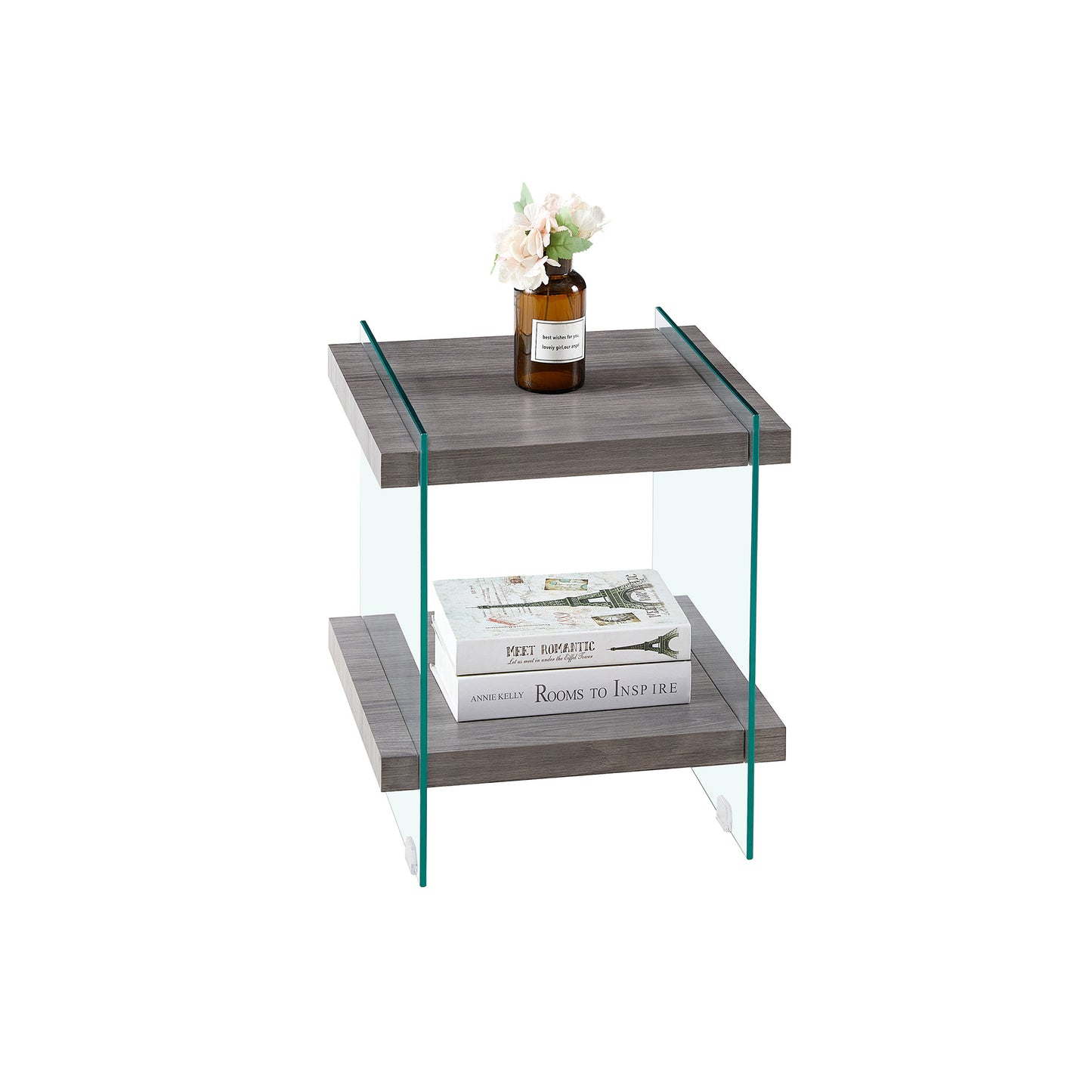 mdf end table, transparent/grey