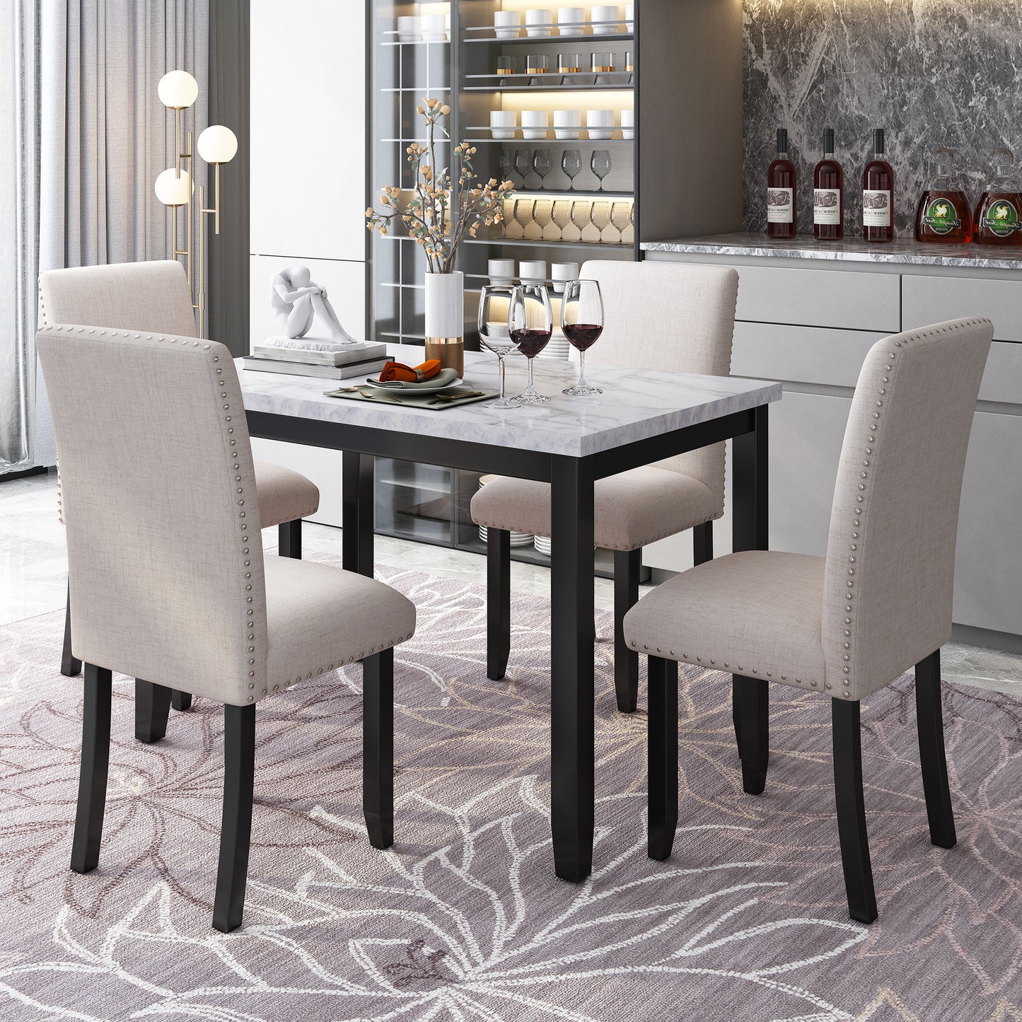 faux marble 5-piece dining table set ,white/beige+black