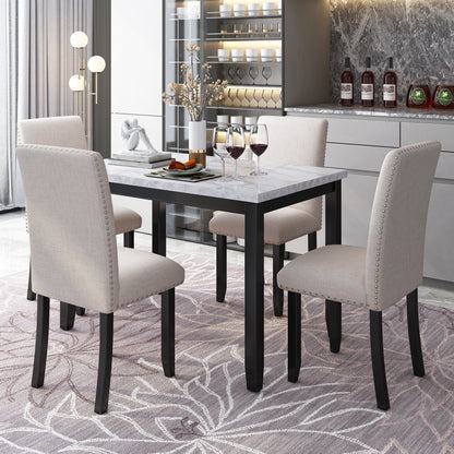 Faux Marble 5-Piece Dining Table Set ,White/Beige+Black