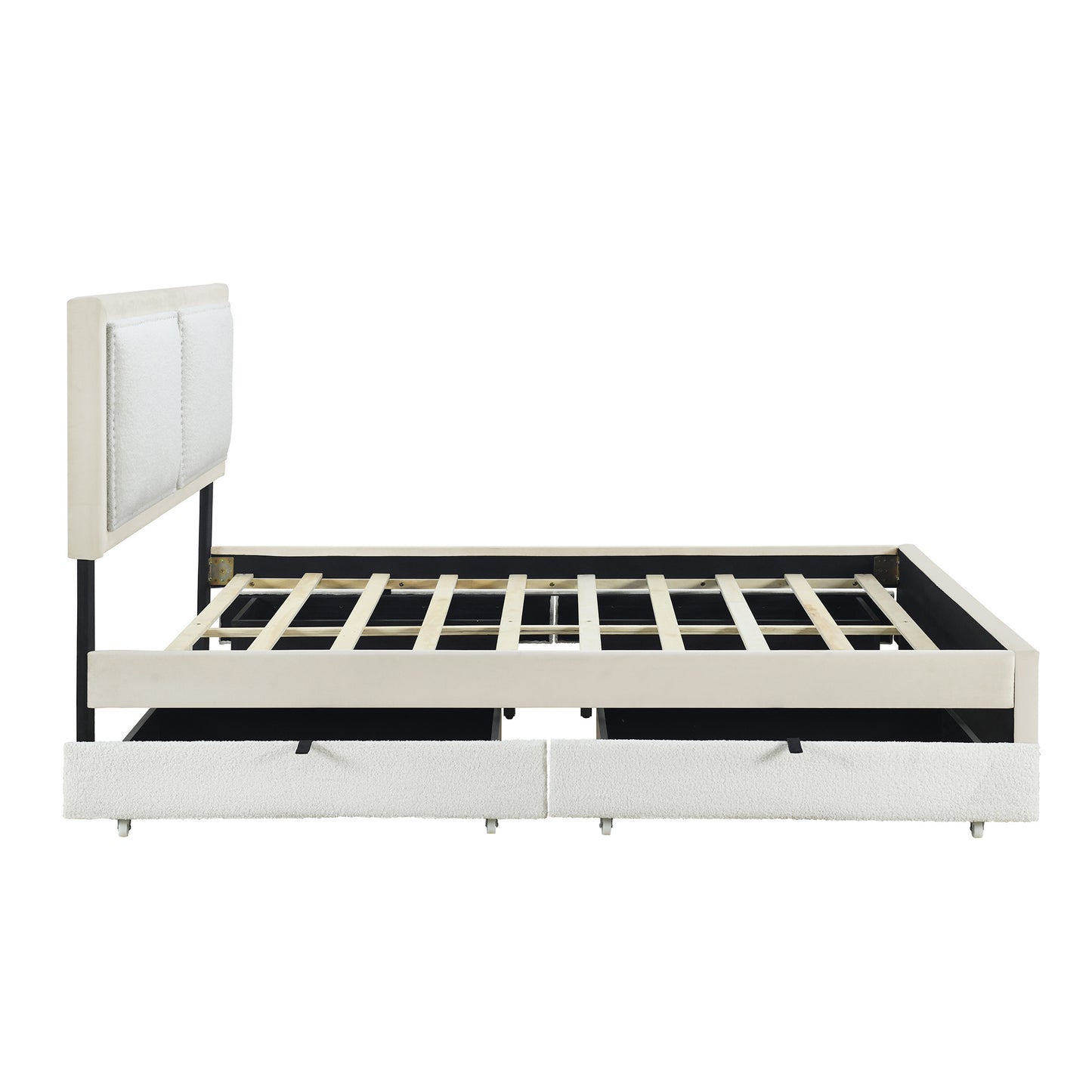 teddy upholstered platform bed with large rivet-decorated backrests and 4 drawers, velvet beige+white