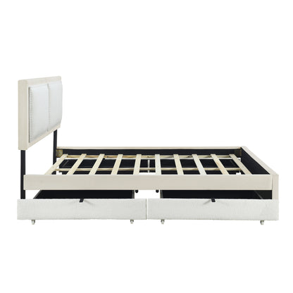 Teddy Upholstered Platform Bed with Large Rivet-decorated Backrests and 4 Drawers, Velvet Beige+White