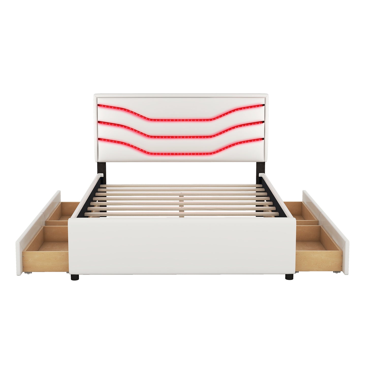 retro upholstered storage platform bed with led, 4 drawers and usb charging, white