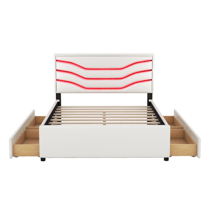 Retro Upholstered Storage Platform Bed with LED, 4 Drawers and USB Charging, White