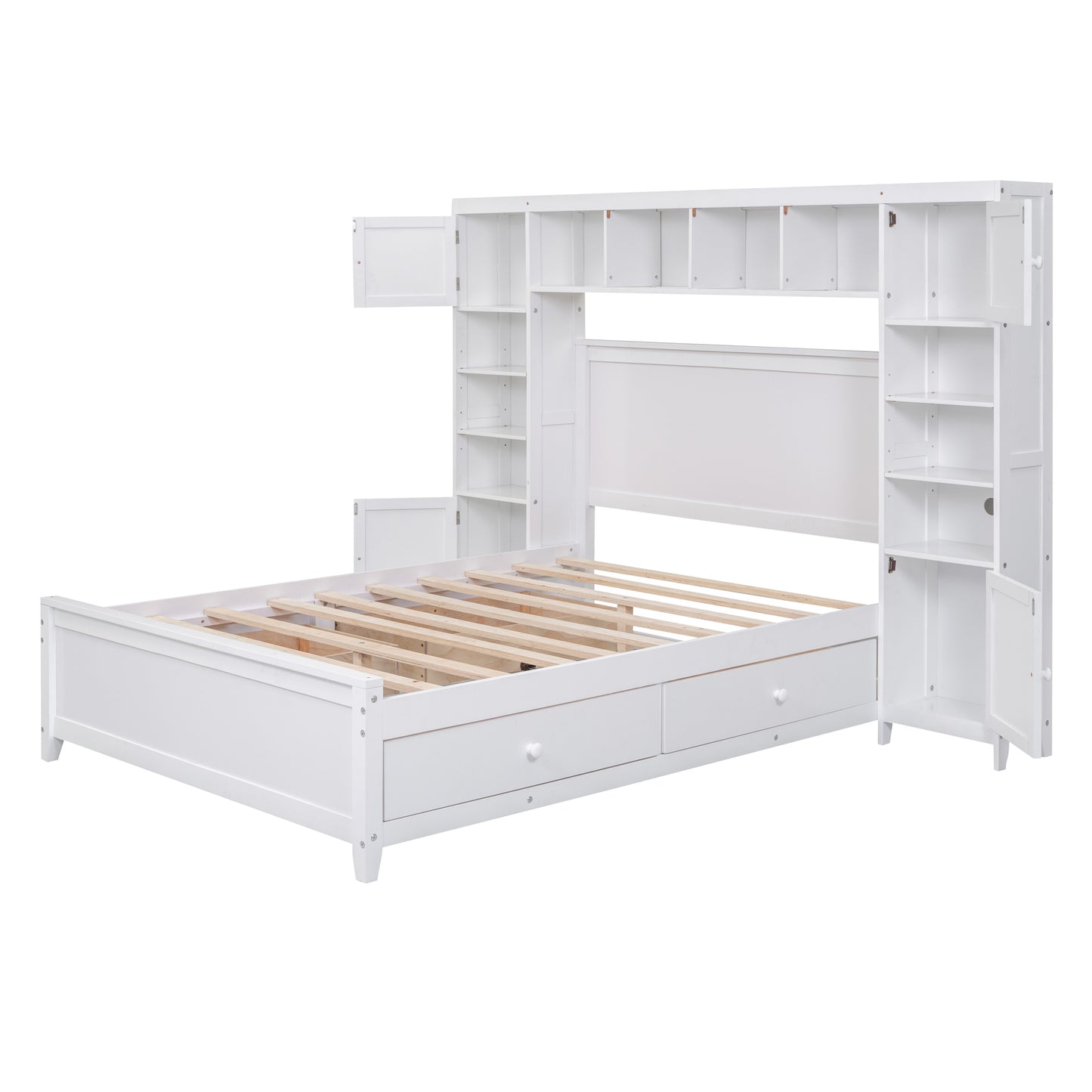 wooden bed with all-in-one cabinet and shelf