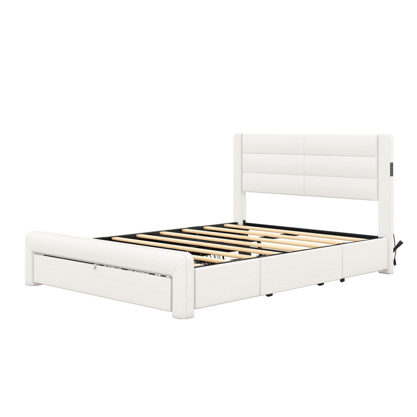 leather upholstered platform bed with drawer storage & charging station, white