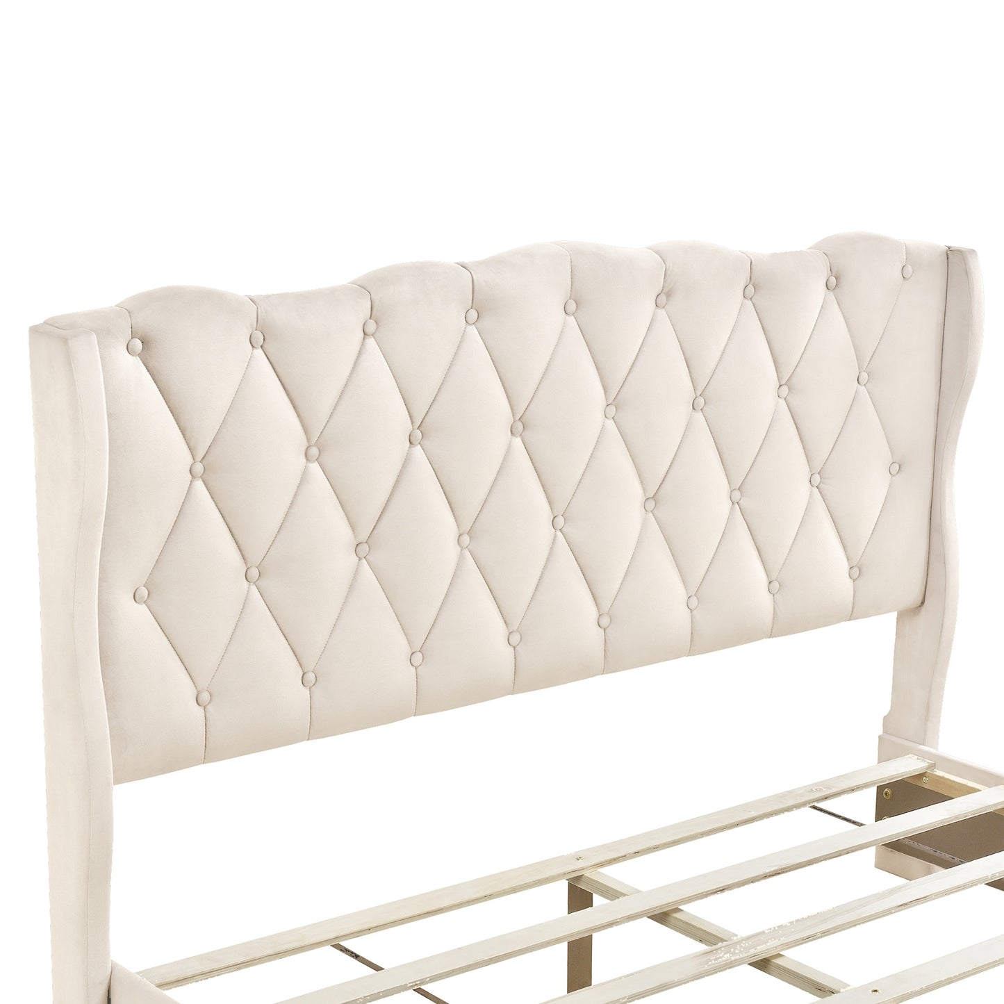 emily upholstered platform bed with tufted headboard and 3 drawers,beige