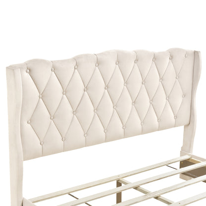 Emily Upholstered Platform Bed with Tufted Headboard and 3 Drawers,Beige