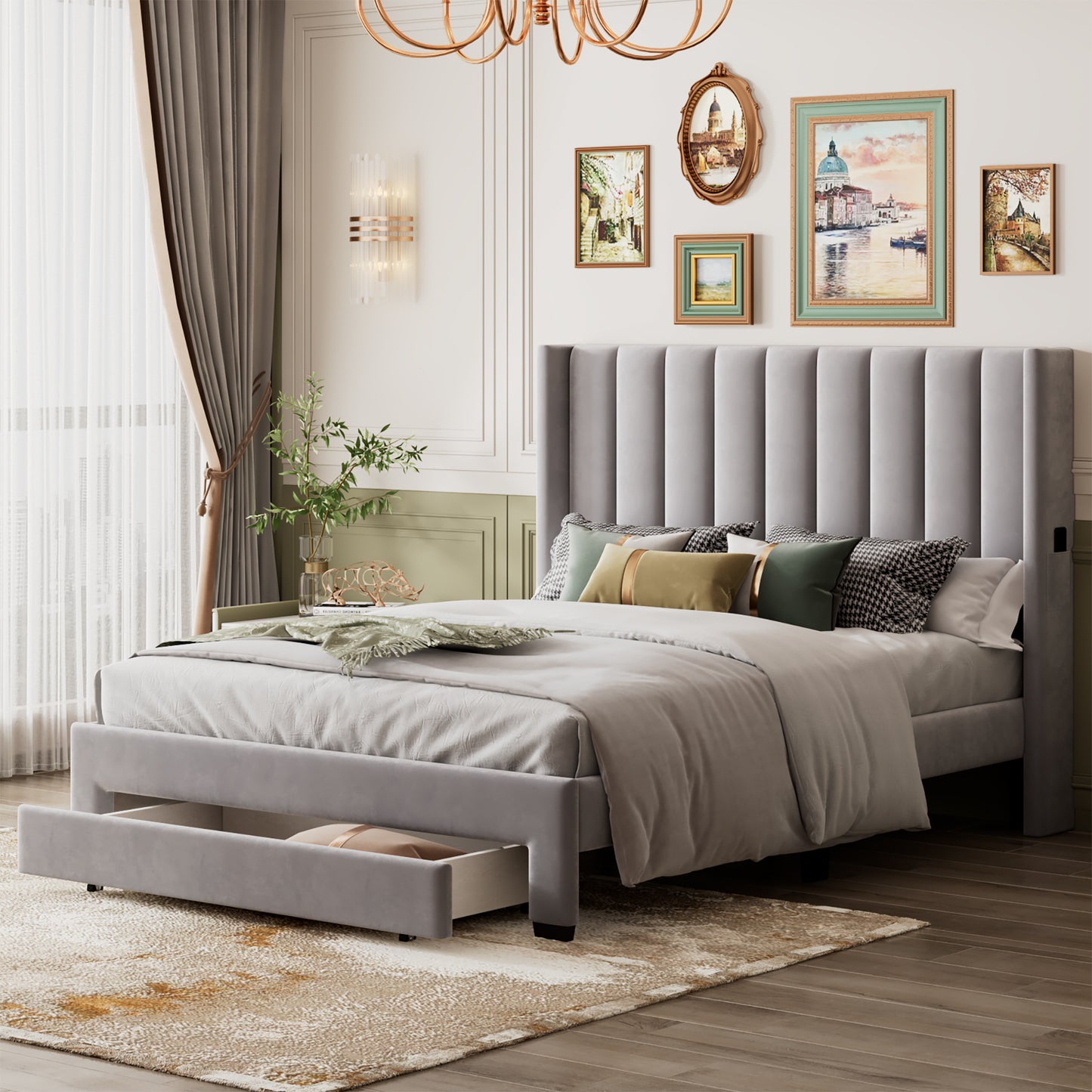 queen size storage bed velvet upholstered platform bed with a big drawer - beige