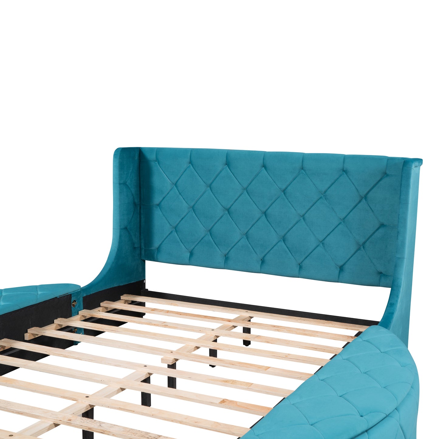 upholstered platform storage velvet bed with wingback headboard, blue