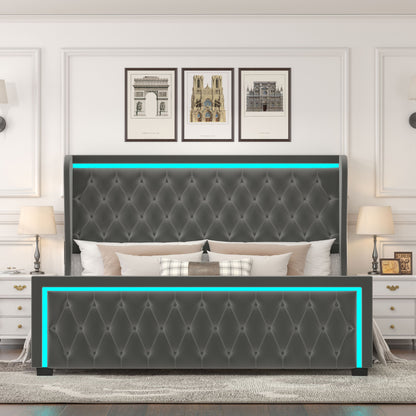 Velvet Upholstered Bed with Adjustable Colorful LED Light Decorative Headboard