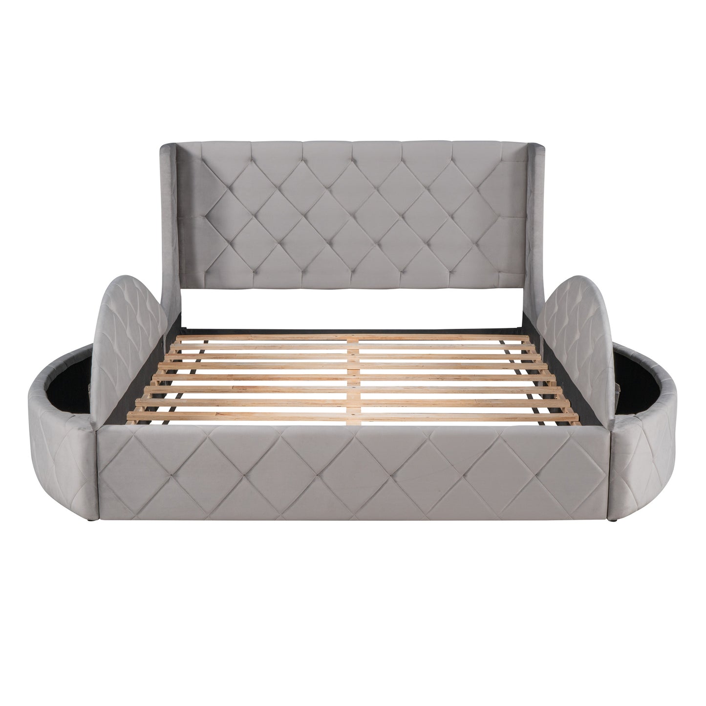 upholstered velvet platform bed with wingback headboard and 1 big drawer; 2 side storage stool