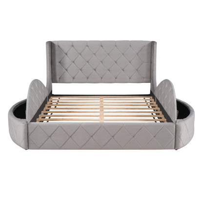 Upholstered Velvet Platform Bed with Wingback Headboard and 1 Big Drawer; 2 Side Storage Stool