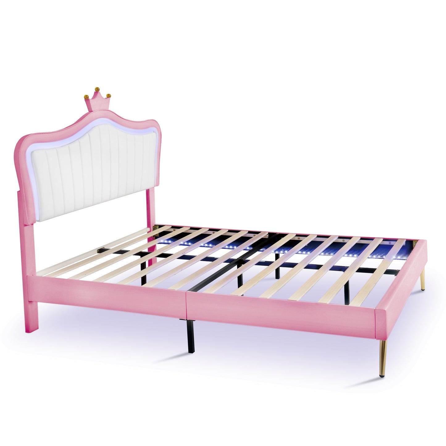 modern upholstered princess bed with crown headboard and led lights, white+pink