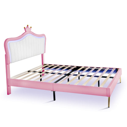 Modern Upholstered Princess Bed With Crown Headboard and LED Lights, White+Pink