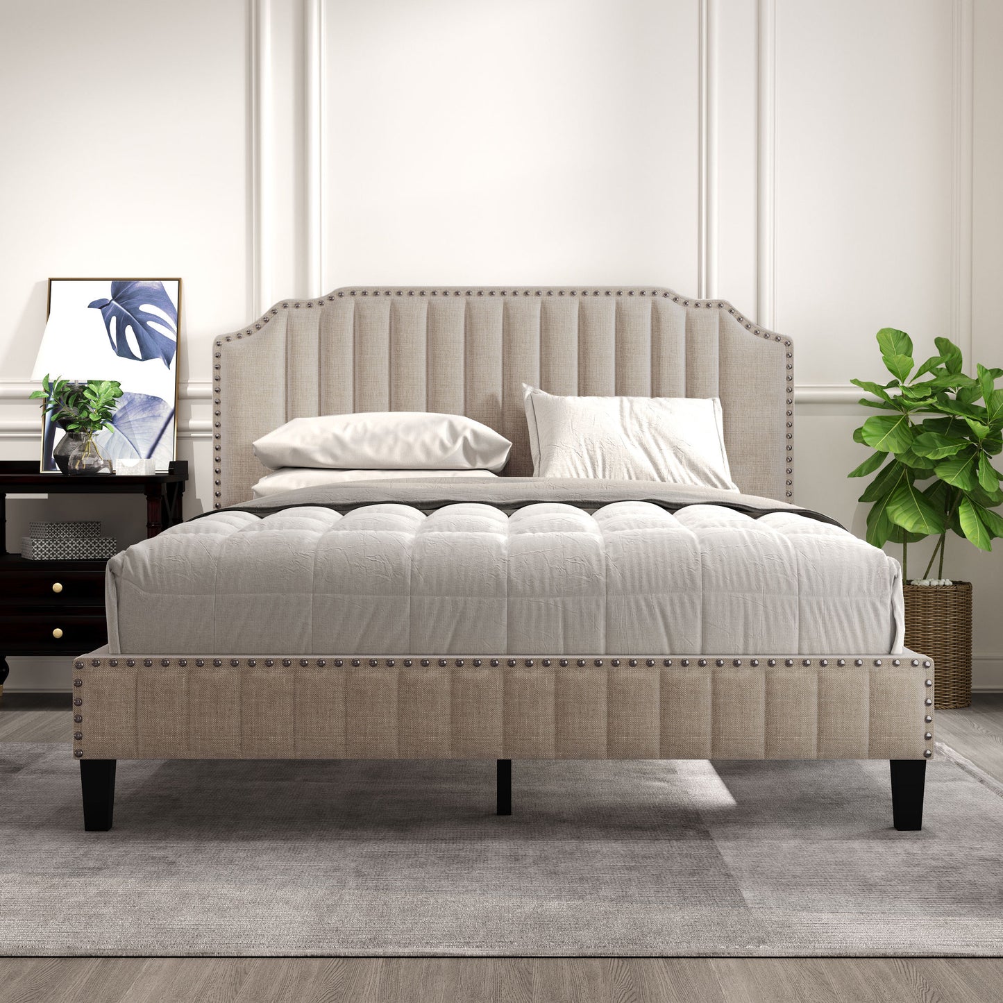 3 pieces bedroom set modern linen curved upholstered beige platform queen bed with two black cherry nightstands