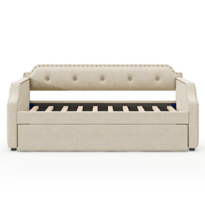 Lizzy Upholstered Bed with Trundle, Beige
